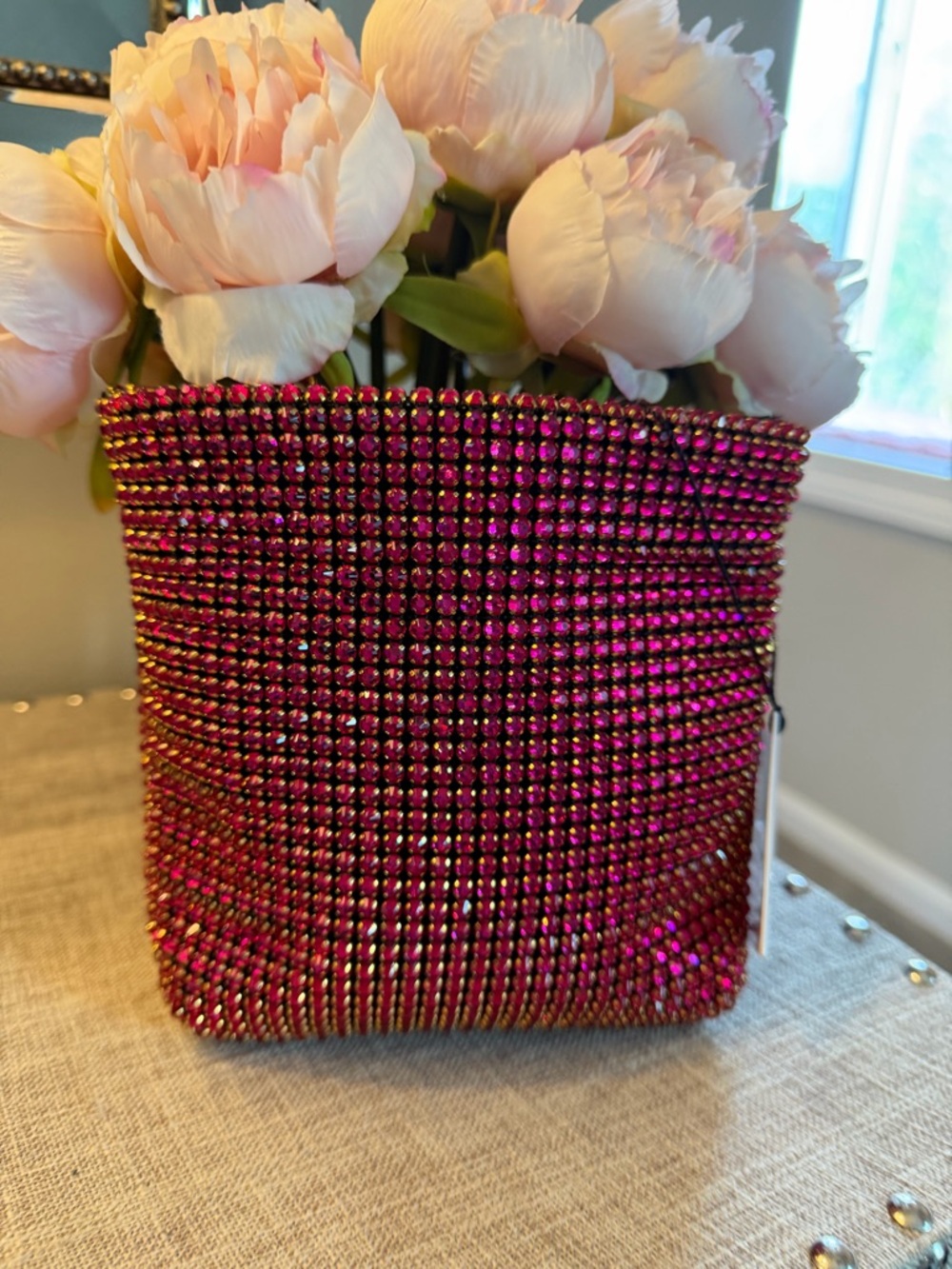 NWT Kurt Geiger Showstopper Pink Crystal Embellished Mini Tote Gold Double Chain - Picture 8 of 10